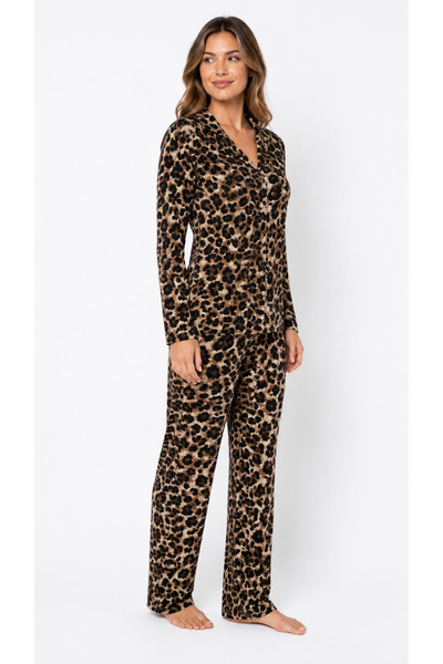 Genel Markalar Kadın Mevsimlik Süet Uzun Kol Açık Leopar Desen Pijama Takımı