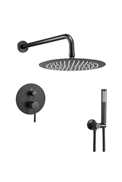OMS Set de dus, Montaj incastrat, Inox, Negru mat, Cap dus rotund 25 cm, Dime...