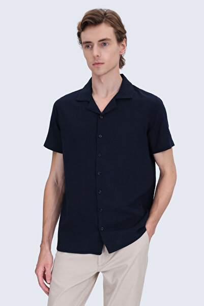 Hatemoğlu Μπλε Navy Regular Fit Λινό πουκάμισο με γιακά