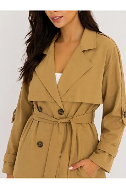 Cool & Sexy Kadın Camel Kuşaklı Trenç Ceket – Düğmeli Mevsimlik Oversize Model