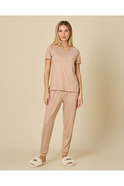 REDTAG Women Dusty Pink Printed Lace-Trim Pajama Set
