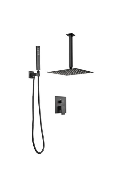 OMS Set de dus, Montaj incastrat, Inox, Negru mat, Cap dus patrat cu efect pl...