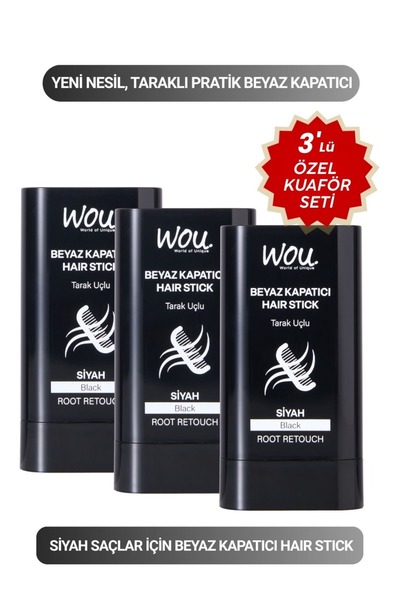 WOU World of Unique 3 Adet.Beyaz Kapatıcı Tarak Uçlu Saç Stick/Siyah.Anında K...
