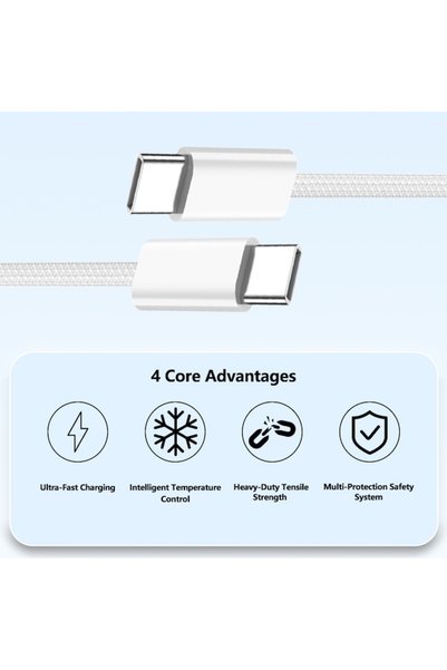 OEM Cablu USB-C la USB-C, încărcare rapidă PD de 60W, compatibil cu iPhone 15/16/17 Plus, Pro & ProMax și Android, transfer rapid de date, 1m, protecție la supratensiune, material textil rezistent, alb