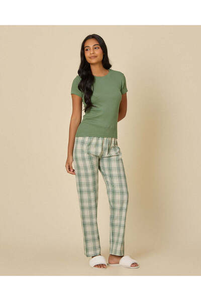 REDTAG Women Green Check Short Sleeve Pyjama Set