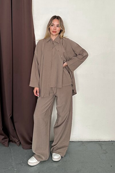 BEJNA Women's Soft Textured Shirt Blouse Palazzo Pants Triple Woven Set