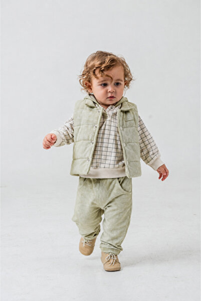 ESPADAKİDS Baby Boy Puffy Vest Plaid Hooded Sweatshirt Jogger Pants 3-Piece Set