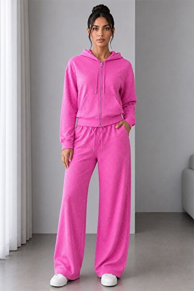 FashionForYou Trening de damă ALESANDRA, cu fermoar și cristale decorative, ROZ