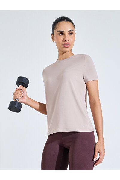Styli Beige Solid Crew Neck Back Peep Active Top