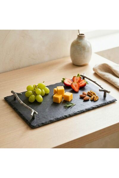 1Chase Natural Stone Slate Serving Tray With Arborization Handle (Grey), Plat...