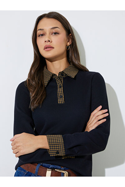 Styli Black Checked Collar and Cuffs Long Sleeves Knit Top