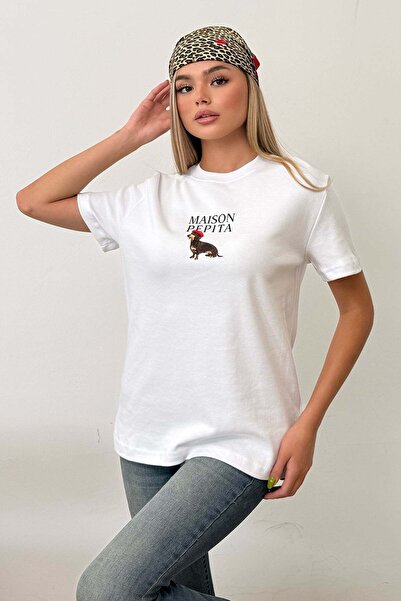 GİYSA Women's Crew Neck Maison Dog Printed T-Shirt White - 26Y 4444