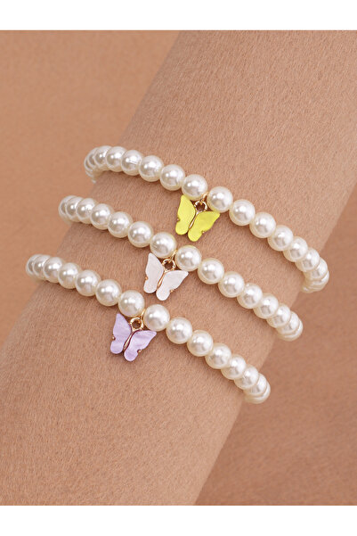 Take Two By Styli Pack of 3 - Girls White Pearl Bracelets with Colorful Butte...