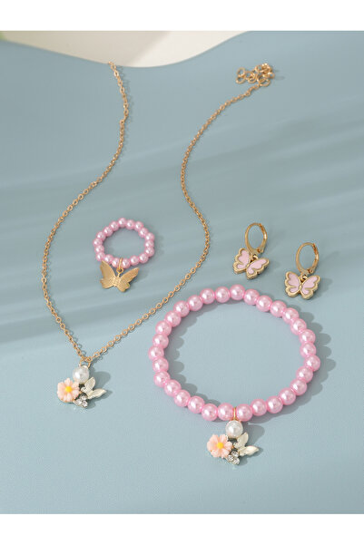 Take Two By Styli Girls Pink Butterfly Charm Necklace, Bracelet, Ring and Ear...