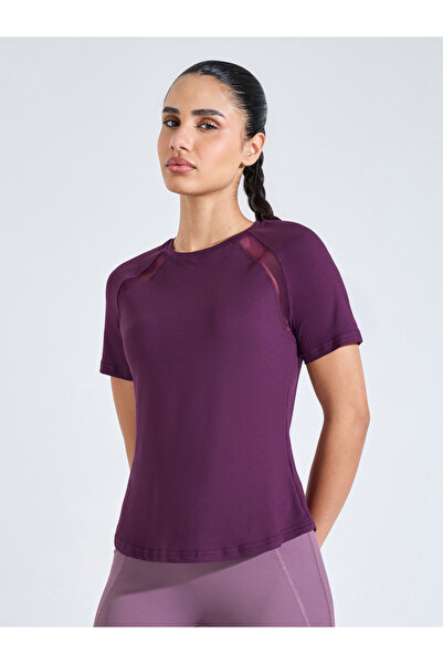 Styli Purple Solid Activewear Top with Mesh Panels