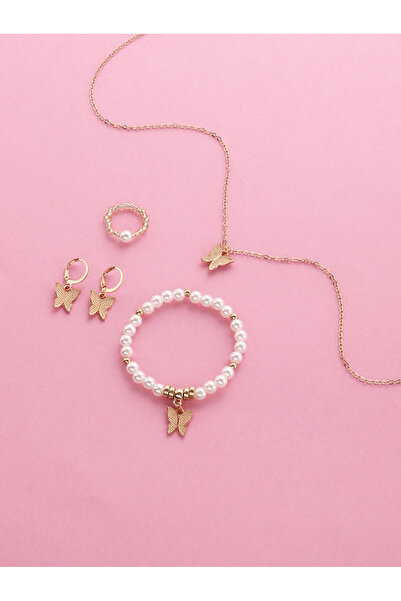 Take Two By Styli Girls Gold Tone Butterfly Charm Necklace, Pearl Bracelet, E...