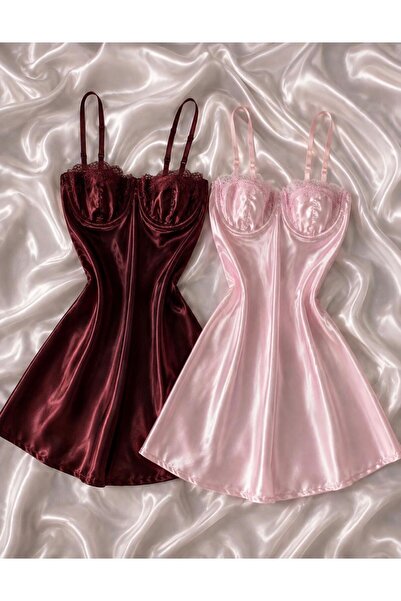 HAMA LOVE Kadın Bordo Pembe Saten Gecelik