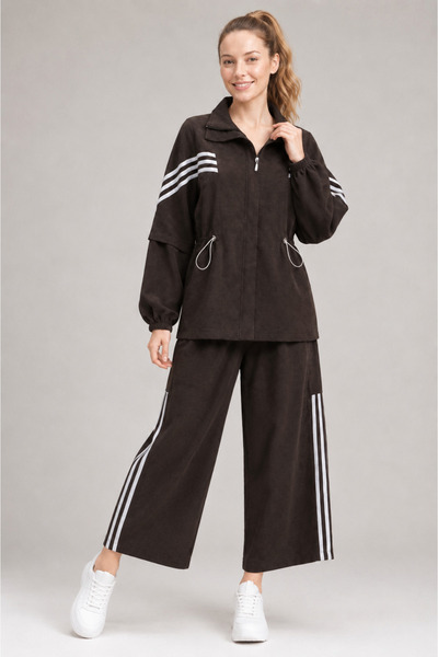 GLOW MUSE High Collar Striped Suit with Elastic Sleeves and Waist - Dark Brown