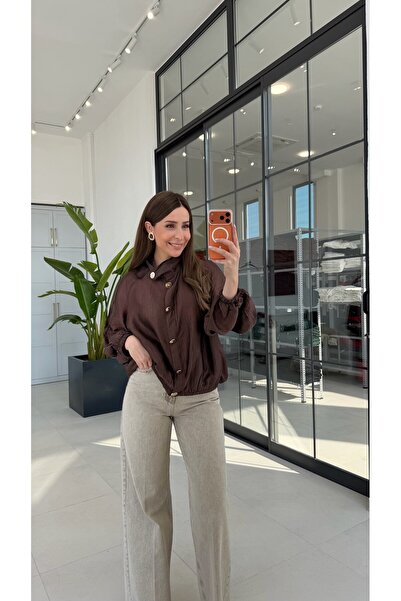 elif teke Shiny Fabric Gold Buttoned Jacket Dark Brown