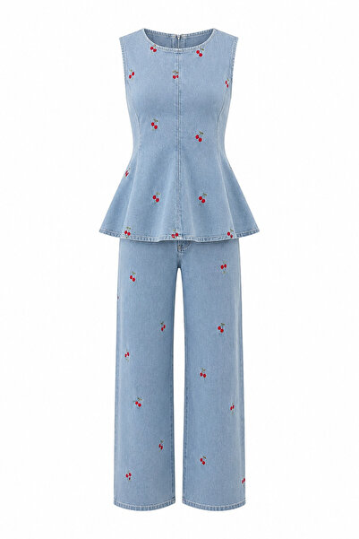 Özge Özgenç Nakış İşlemeli Denim Bluz Pantolon Takım