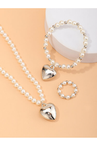 Take Two By Styli Girls Silver Tone Solid Heart Shaped Pearls Beaded Necklace...