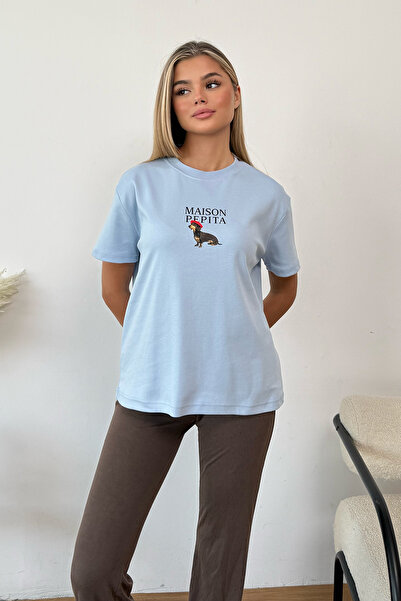 GİYSA Kadın Bisiklet Yaka Maison Köpek Baskılı T-Shirt Mavi - 26Y 4444