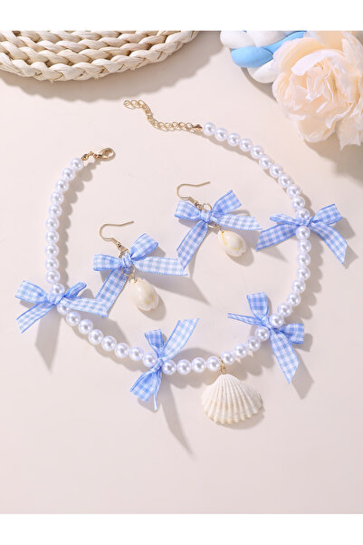 Take Two By Styli Girls Checked Bow and Heart Charms Pearl Necklace and Earri...