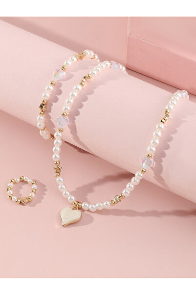 Take Two By Styli Girls Whit Pearl and Heart Charm Necklace, Bracelet and Rin...