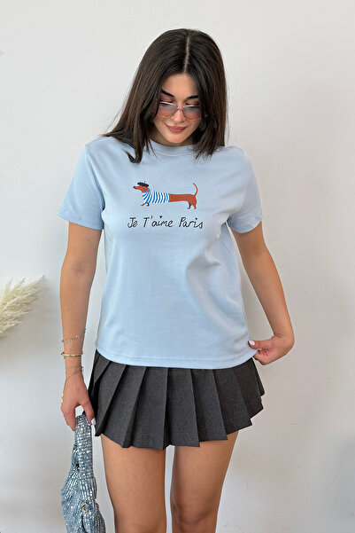 GİYSA Kadın Bisiklet Yaka Köpek Baskılı T-Shirt Mavi - 26Y 2222