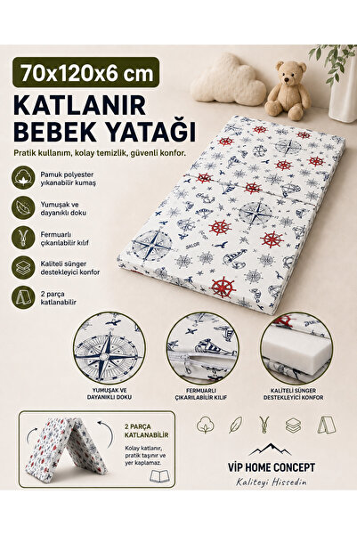 Vip Home Concept Katlanır Çocuk Yatağı Sünger Yer Yatağı Oyun Minderi Taşınabilir 70x120x6 cm-MARİN