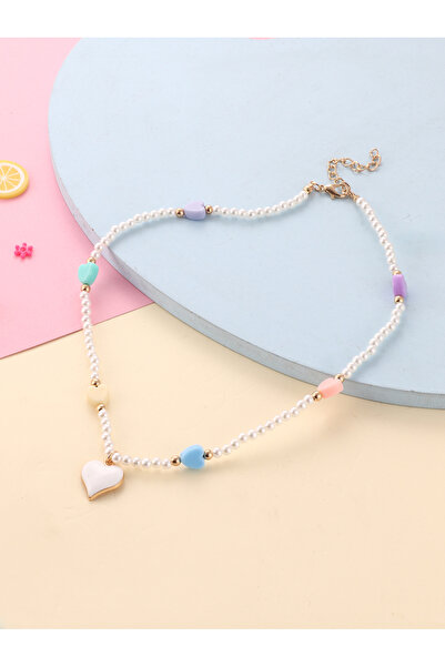Take Two By Styli Girls Multi-Color Heart Charm Pearl Beaded Necklace