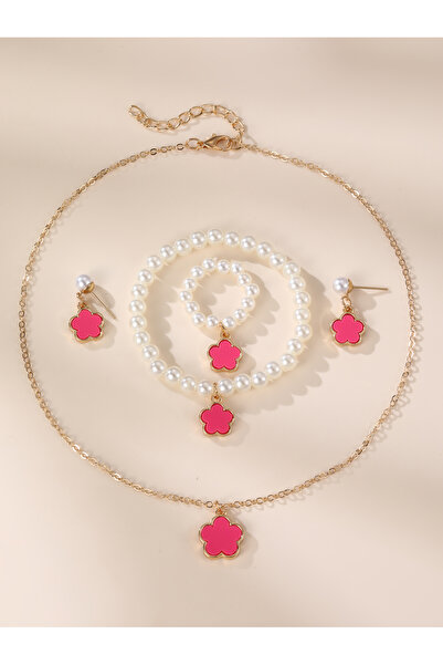 Take Two By Styli Girls Pink Flower Charm Necklace, Bracelet, Ring and Earrings