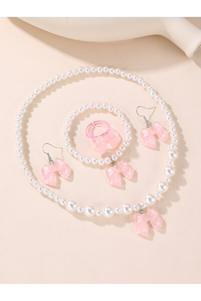 Take Two By Styli Girls Pink Bow Charm Pearl Beaded Necklace, Bracelet, Ring ...