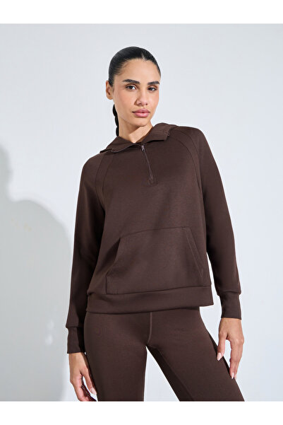 Styli Brown Solid Half-Zip Active Hoodie with Thumbholes