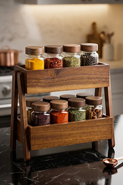 Kitchen Life Akasya Standlı 13 Parça Etiketli Kare Cam Baharatlık Seti