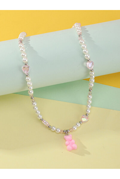 Take Two By Styli Girls Multi-Color Bear and Hear Charms Pearl Beaded Necklace