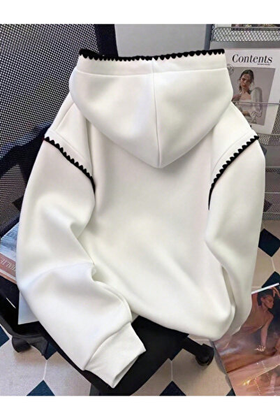 MOONBULL Kadın Kapüşonlu Süs Dikiş Detaylı Minimalist Baskılı Kışlık Uzun Kollu Günlük Pamuklu Sweatshirt