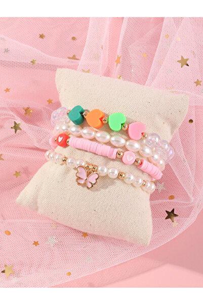 Take Two By Styli Pack of 4 - Girls Multi-Color Pearl and Heart Charm Bracelets