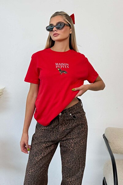 GİYSA Women's Crew Neck Maison Dog Printed T-Shirt Red - 26Y 4444