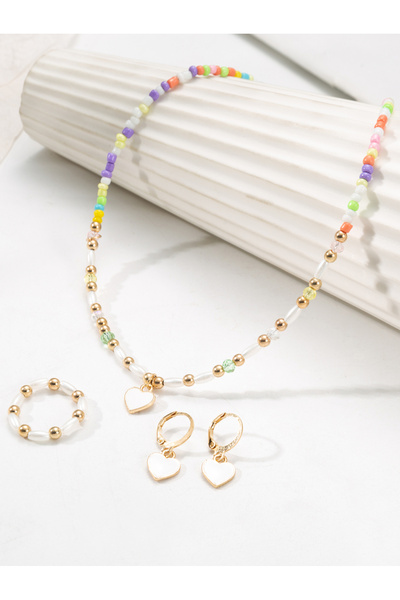 Take Two By Styli Girls Multi-Color Beaded Heart Pendant Necklace, Ring and E...