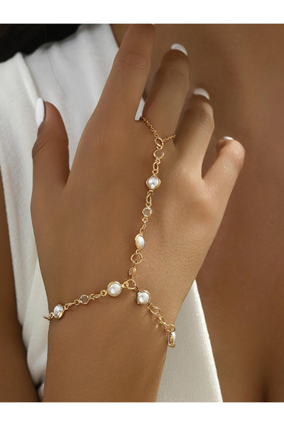 Take Two By Styli Gold Pearl Hand Chain Bracelet
