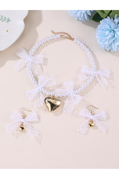 Take Two By Styli طقم قلادة وأقراط للفتيات مزين باللؤلؤ الأبيض وفيونكة من الد...