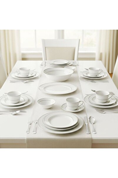 SHALLOW Juna 32 Piece New Bone China Dinner Set For 6 Persons – White Embosse...