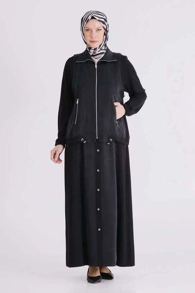 ottoman wear Behrem Büyük Beden Tesettür Etekli Takım Siyah OTW38004