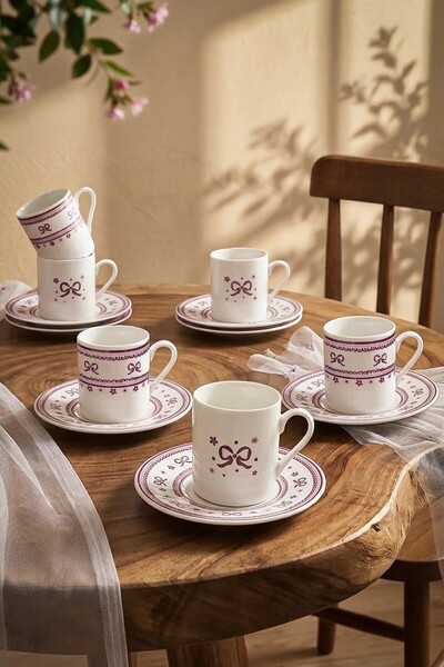 NESS HOME 12 Parça 6 Kişilik Porselen Fiyonk Kahve Fincan Takımı 100 ml