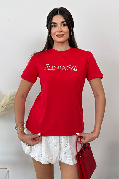 GİYSA Kadın Bisiklet Yaka Aruoar Baskılı T-Shirt Kırmızı - 26Y 3333