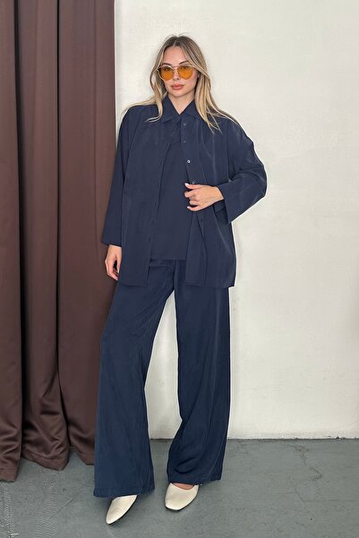 BEJNA Women's Soft Textured Shirt Blouse Palazzo Pants Triple Woven Set