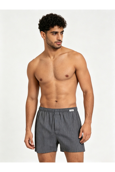 Take Two By Styli Charcoal Striped Cotton Boxer Shorts