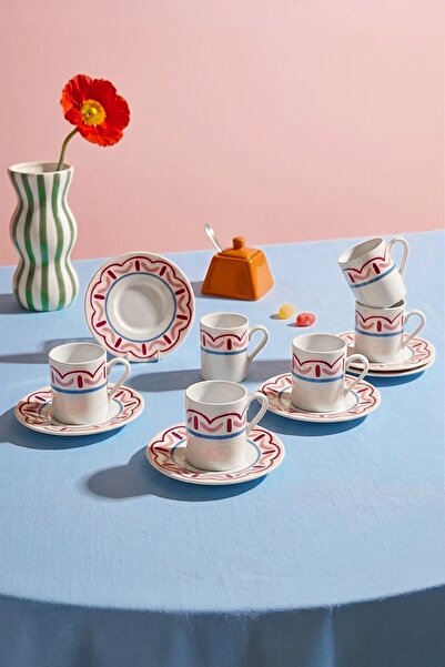 NESS HOME 12 Parça 6 Kişilik Porselen Artisan Line Kahve Fincan Takımı 100 ml