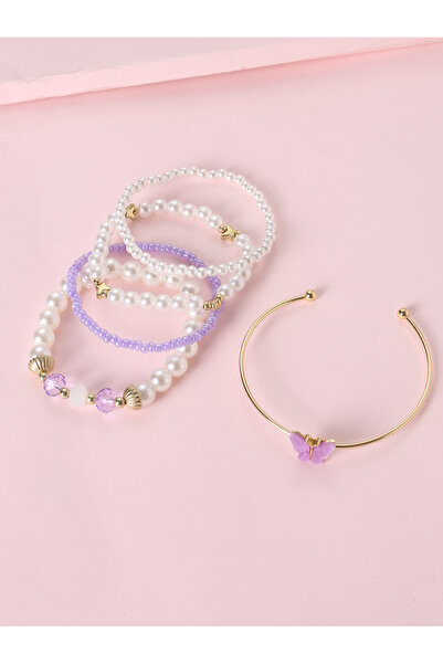 Take Two By Styli Pack of 5 - Girls Pearl and Purple Beaded Bracelets with Bu...
